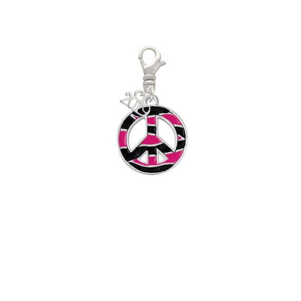 Large Hot Pink Tiger Print Peace Sign Custom Year Stainless Steel Heart Bead Charm 
